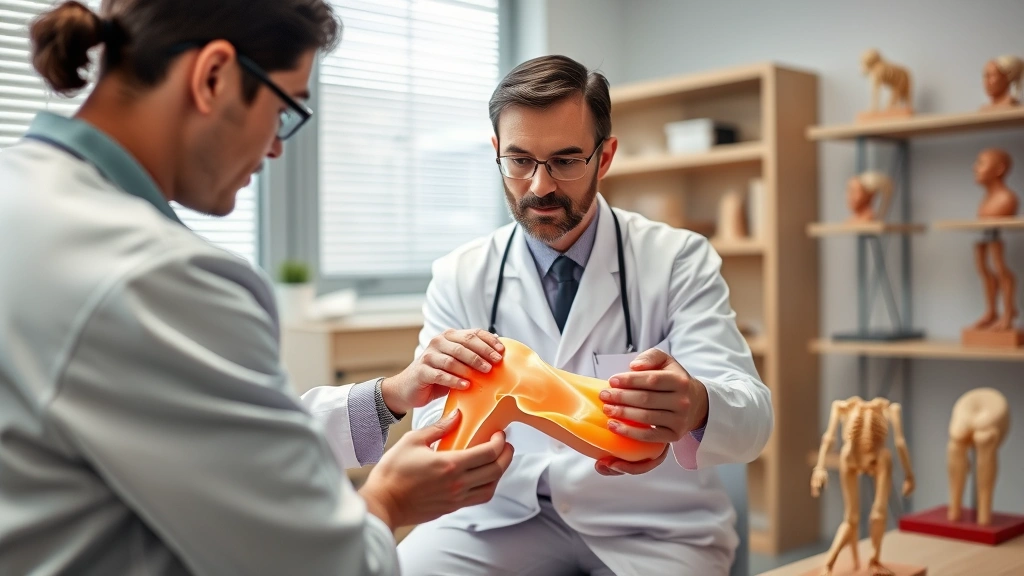 Professional orthopedic specialist examining patient's knee joint in modern medical clinic setting with anatomical models visible