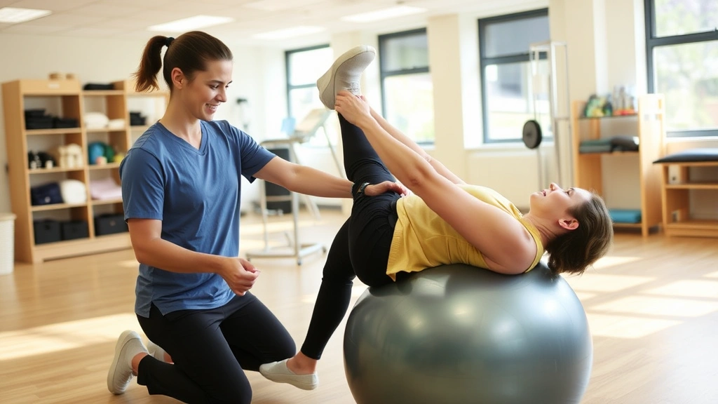 Physical therapist working with patient performing rehabilitation exercises on stability ball in bright, well-equipped therapy facility