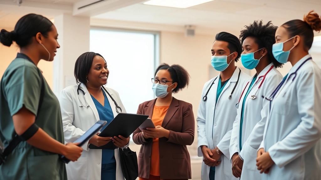 Diverse group of healthcare professionals including doctors, nurses, and community health workers collaborating in a modern clinic setting, warm lighting, professional attire, inclusive representation