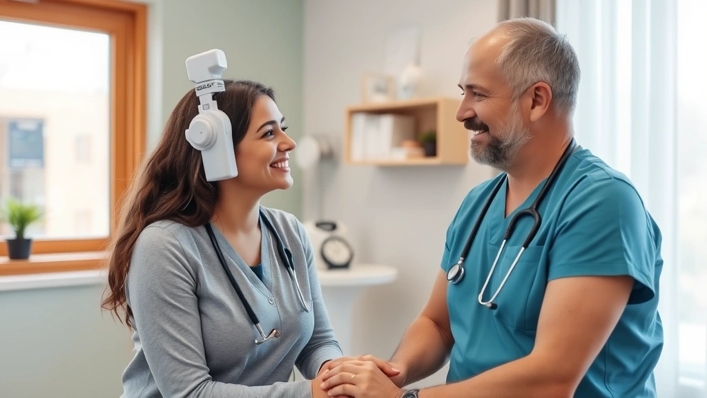 Patient receiving preventive health screening with caring provider in welcoming clinical environment, stethoscope and medical equipment visible, comfortable exam room with natural light