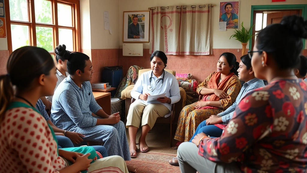 Community health worker conducting health education session with diverse group of patients in comfortable community space, engaged participants, inclusive and supportive atmosphere