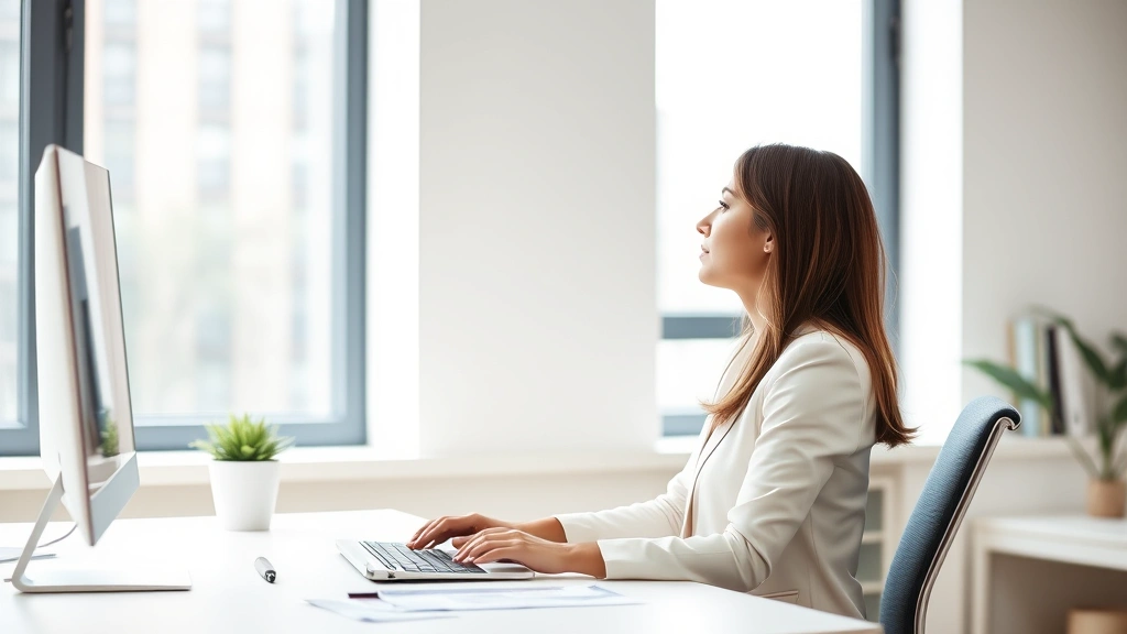 Professional woman sitting at desk with perfect upright posture, shoulders back, natural lighting from window, serene office environment