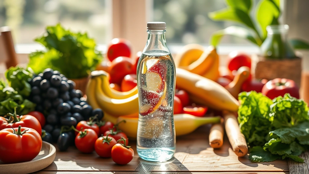 Clear glass water bottle on wooden table surrounded by fresh fruits and vegetables, morning sunlight, healthy lifestyle setup