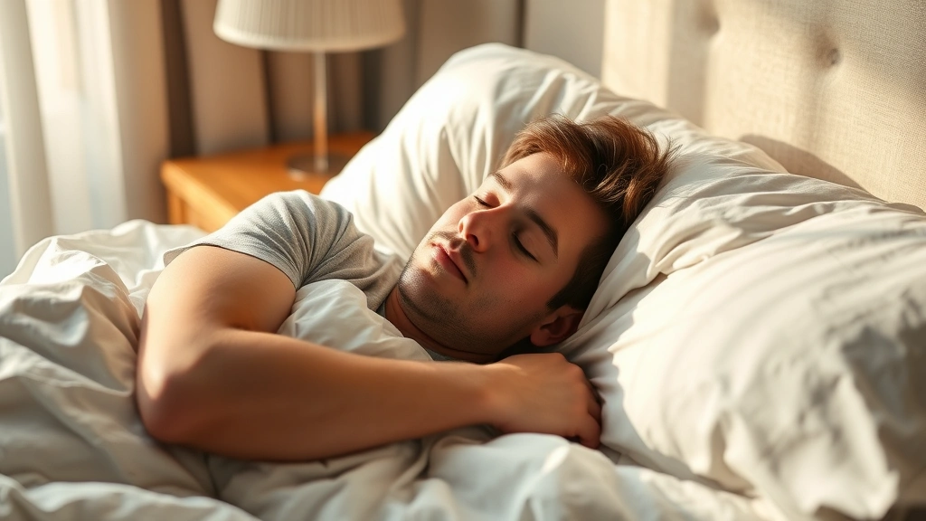 Person sleeping peacefully in comfortable bed with white sheets, soft morning light, cozy bedroom atmosphere, relaxed expression