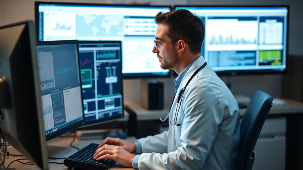 Healthcare professional at computer workstation reviewing patient records and health data on multiple monitors
