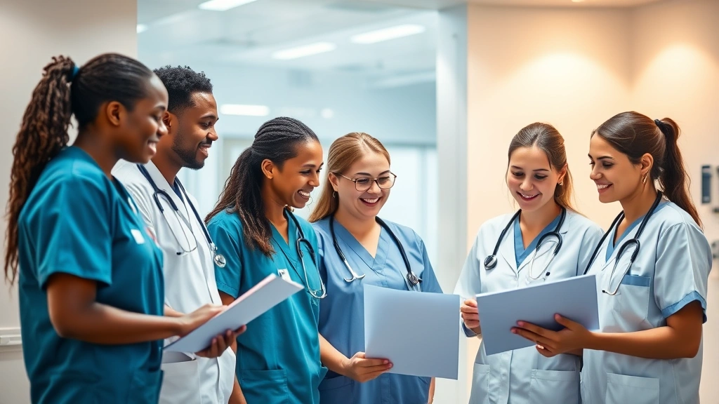 Professional healthcare workers in medical uniforms collaborating in a modern clinic setting with warm lighting, diverse team members smiling while reviewing patient information