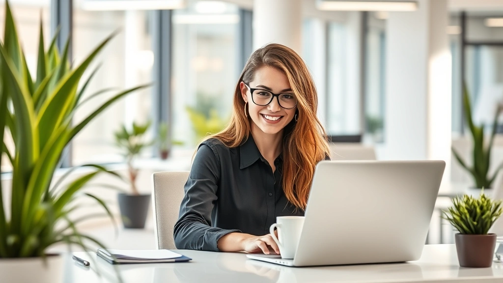 Young professional woman working at desk in bright corporate office space with plants and natural light, laptop open, coffee cup visible, focused and confident expression