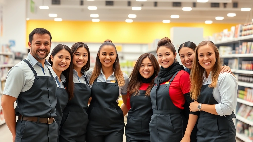 Group of retail employees in uniform smiling together in a bright store environment, shelves organized in background, diverse team representing different ages and backgrounds