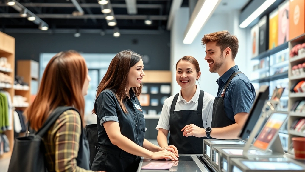 Young person in retail uniform helping customer at checkout counter, modern retail store interior with bright lighting, professional friendly interaction between staff and customer
