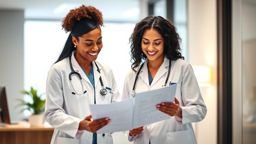 Professional diverse female doctors and healthcare providers collaborating in modern medical office, reviewing patient charts together, warm lighting, confident and approachable expressions