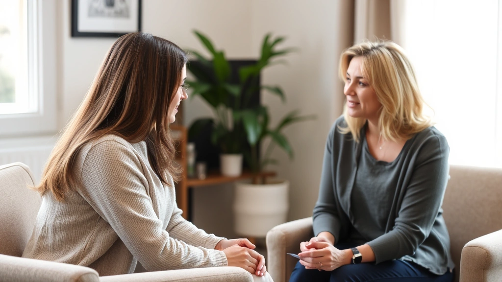 Woman in therapy session with mental health counselor, comfortable clinical setting, both engaged in conversation, natural window lighting, supportive atmosphere
