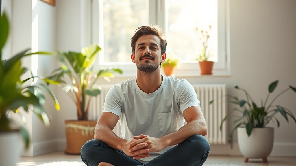 Person sitting peacefully in sunlit room, looking thoughtful and calm, surrounded by plants and natural light, expressing inner peace and personal reflection without any text or distractions