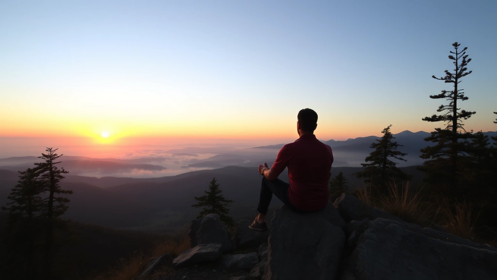 Person sitting peacefully on a mountain overlook at sunrise, surrounded by misty valleys and pine trees, looking contemplative and calm