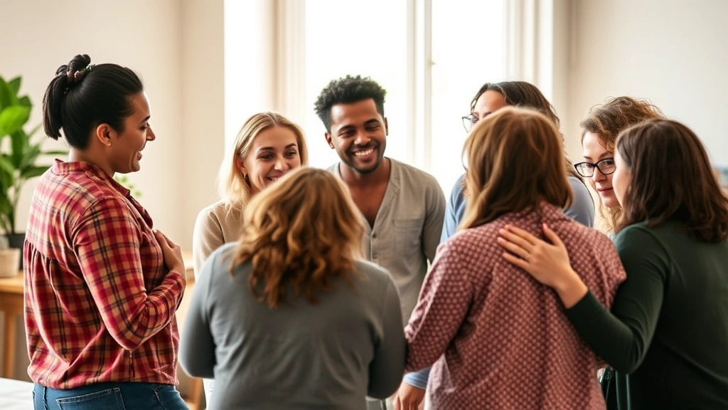 Diverse group of people in supportive circle having meaningful conversation, showing connection and emotional support, warm and inclusive atmosphere, no visible text or identifying markers