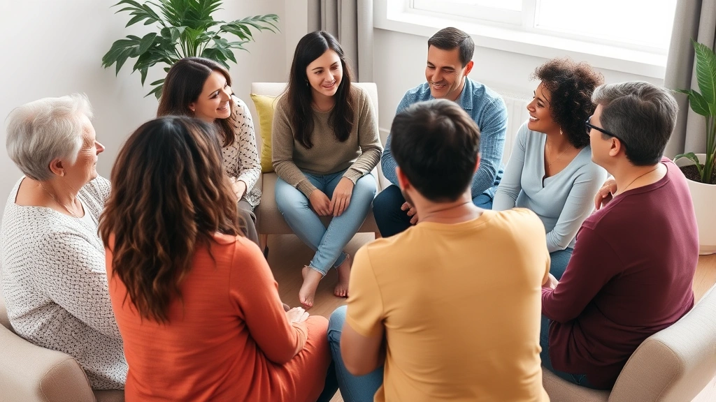 Diverse group of people in a therapy or support group circle, engaged in conversation with comfortable body language and genuine connection