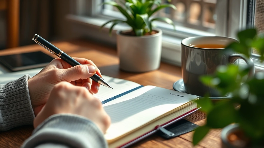 Close-up of hands holding a journal and pen with a warm beverage nearby, natural light streaming across wooden desk with plants