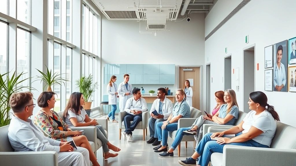 Modern medical clinic interior with diverse patients in waiting room, natural lighting, comfortable seating, welcoming atmosphere, healthcare professionals in background