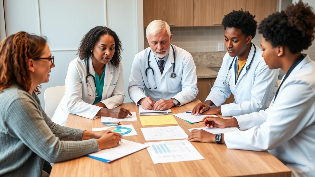 Diverse community health team including doctors, nurses, and counselors in collaborative meeting discussing patient care plans around table