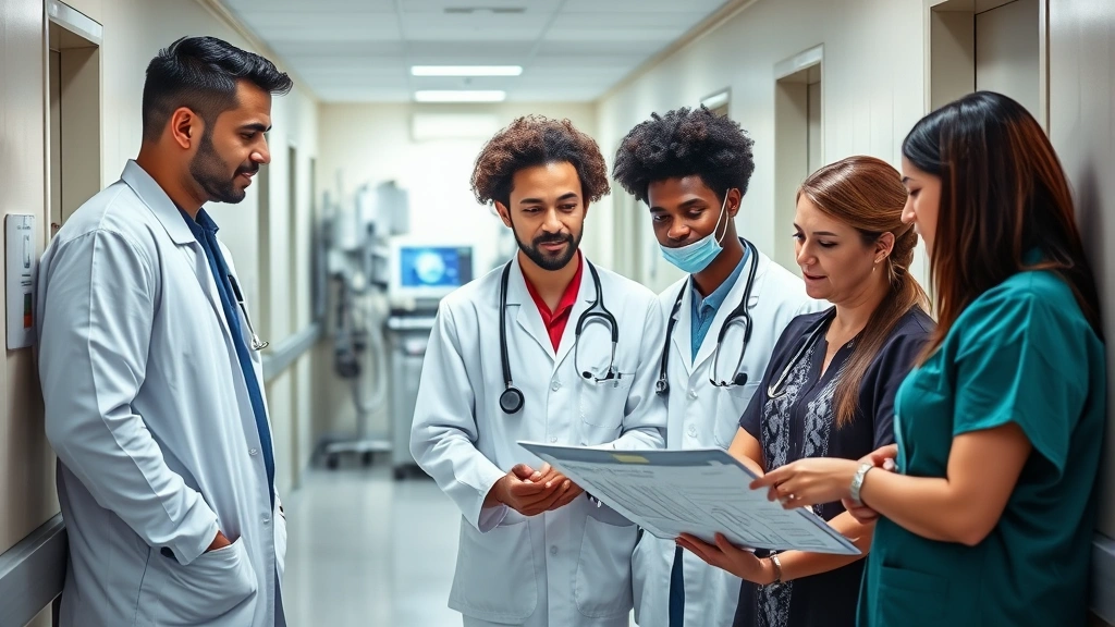 Diverse medical team in hospital corridor reviewing patient charts on digital tablet, collaborative discussion, professional healthcare environment with modern equipment visible
