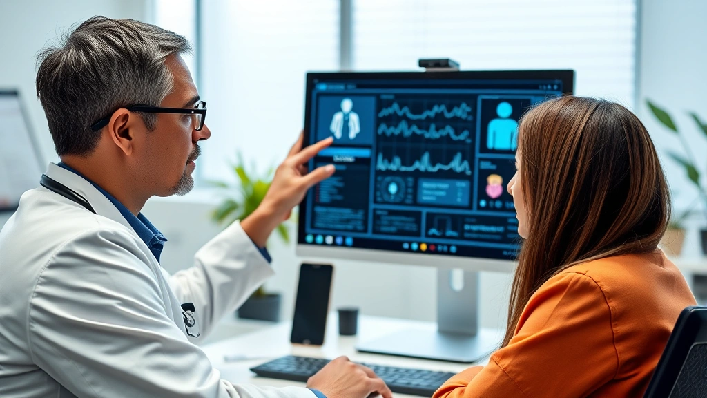 Professional healthcare provider consulting with patient through digital interface on modern computer screen, clean medical office background, soft natural lighting