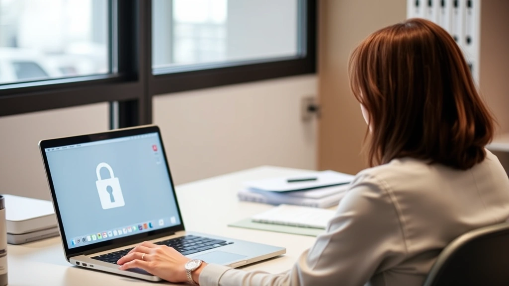 Person sitting at desk with laptop, secure login screen displayed, calm professional environment with soft lighting, healthcare setting atmosphere
