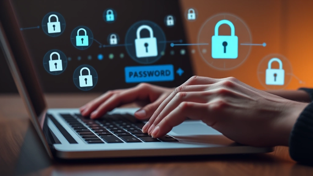 Person typing secure password on laptop keyboard with digital security icons and lock symbols floating around, minimalist tech aesthetic, warm lighting