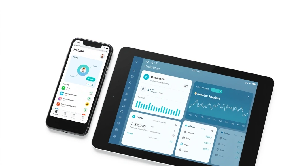 Smartphone and tablet showing health app interface side by side, mobile healthcare dashboard, modern minimal design, bright clean background