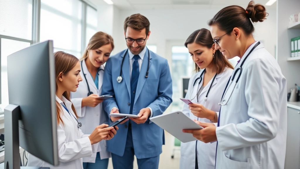 Diverse group of healthcare professionals in modern clinic reviewing digital health records on tablet and computer screens, collaborative medical environment