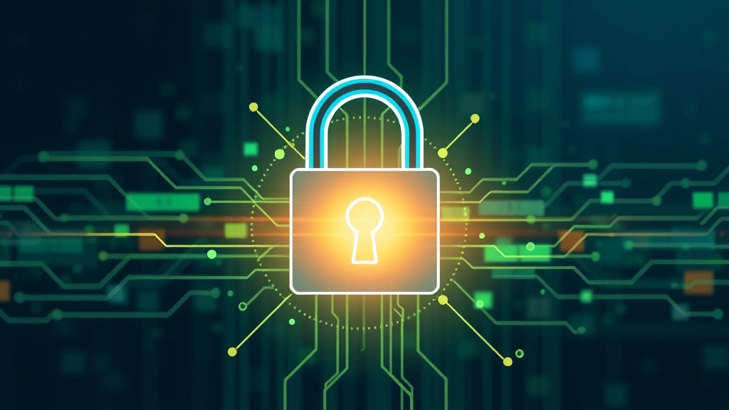 Lock icon with digital security elements, cybersecurity concept, data protection visualization, modern technology aesthetic, blue and green tones