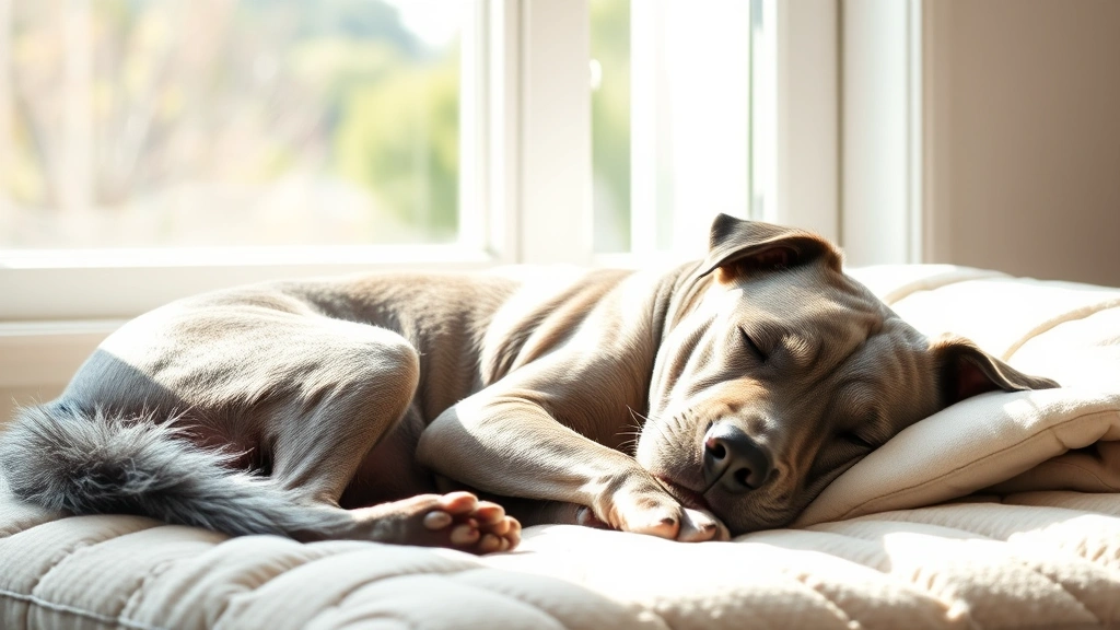 An older grey dog resting peacefully on a comfortable bed by a window with natural sunlight streaming in, showing contentment and relaxation