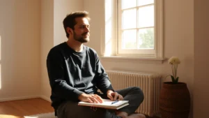Person sitting peacefully in sunlit room, journal and pen on lap, thoughtful expression, warm natural lighting, minimalist interior design, serene atmosphere
