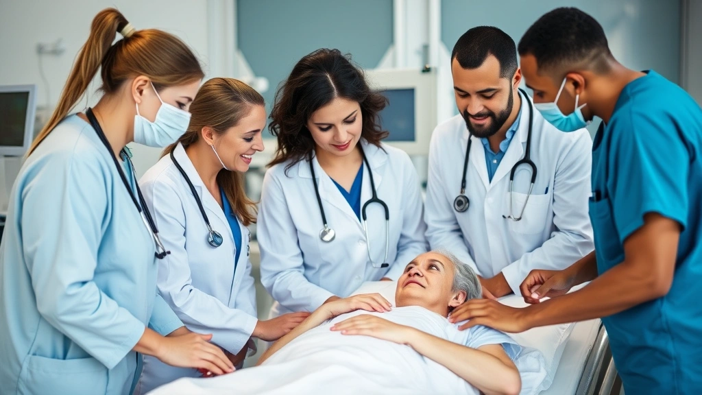 Healthcare professionals collaborating around patient bedside, diverse team, compassionate interaction, clinical setting with medical equipment blurred in background