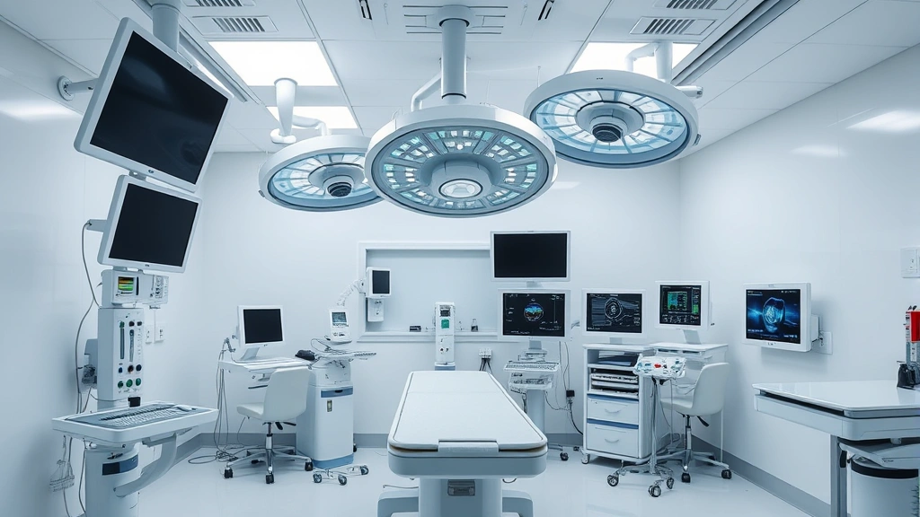 State-of-the-art surgical suite with advanced medical technology, monitors and equipment, clean sterile environment, no visible personnel or identifiable features