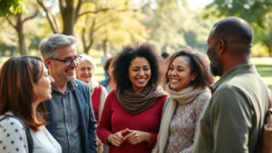 Diverse community members of different ages and ethnicities gathering outdoors in a park, smiling and engaging in conversation, natural sunlight, warm and inclusive atmosphere