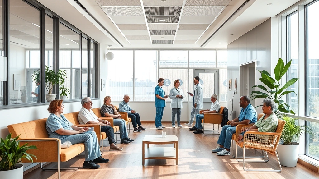 A modern healthcare clinic interior showing patients and healthcare workers in a welcoming space with comfortable seating, natural light, and inclusive design elements