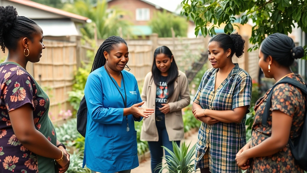Community health workers providing support and guidance to individuals in a neighborhood setting, showing empathy and connection, diverse representation, outdoor community garden or center background