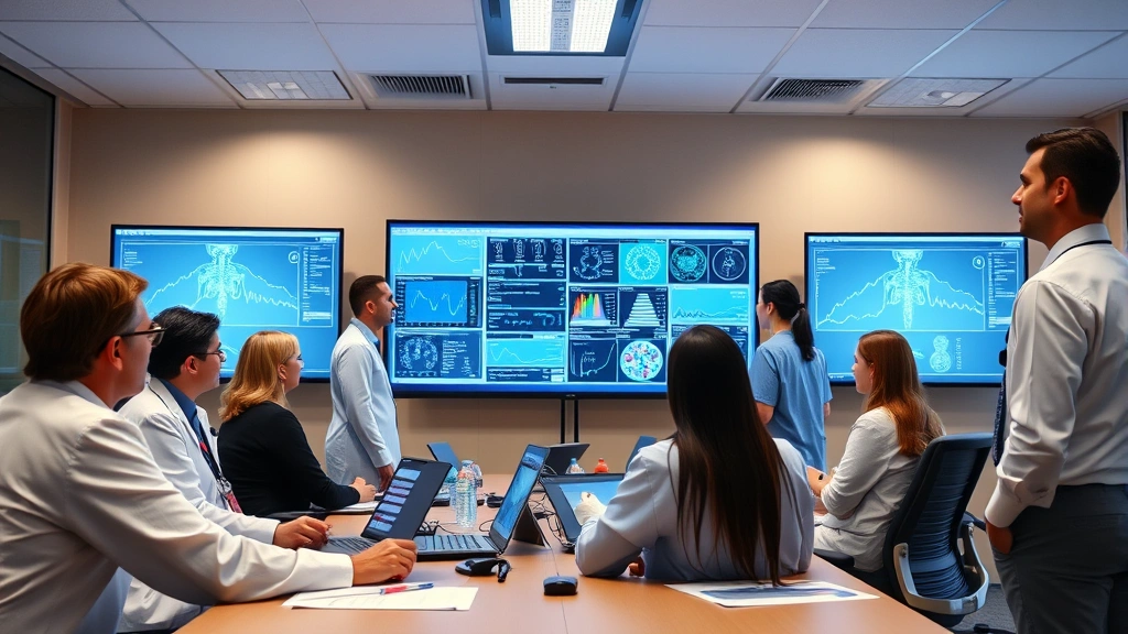 Diverse team of healthcare professionals in hospital conference room reviewing clinical data on large monitors, collaborative discussion about medical innovation
