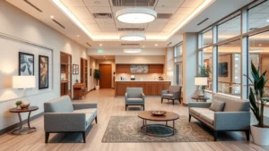 Warm, welcoming modern healthcare facility interior with comfortable seating areas, soft lighting, and calming neutral tones, professional yet inviting atmosphere