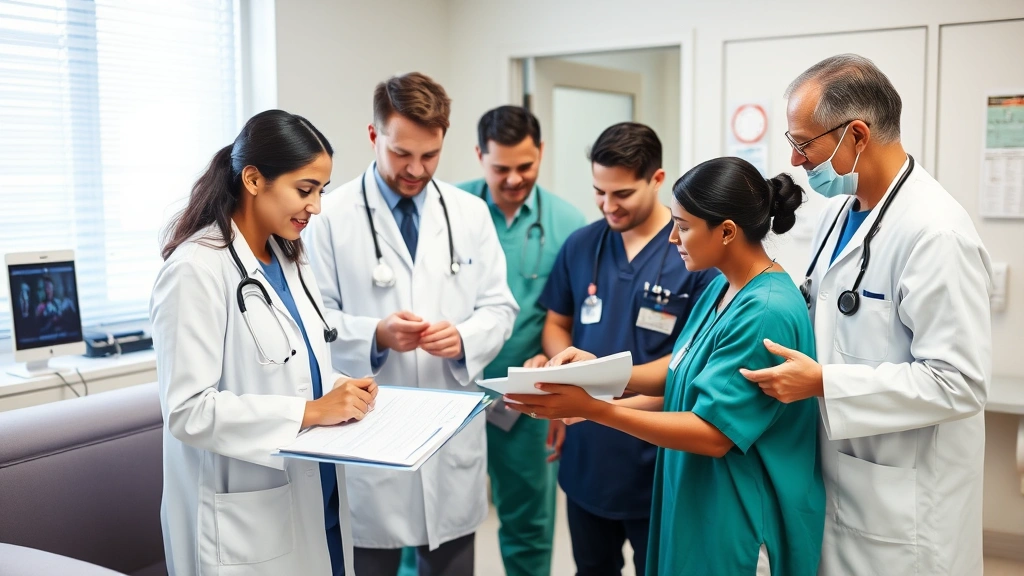 Diverse group of healthcare professionals in clinical setting collaborating around patient records, showing teamwork and compassionate patient-centered care
