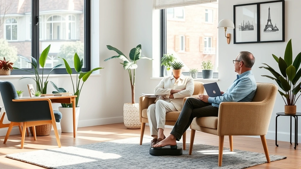 Individual in peaceful therapy session sitting comfortably in modern counseling office with natural light, plants, and professional therapeutic environment