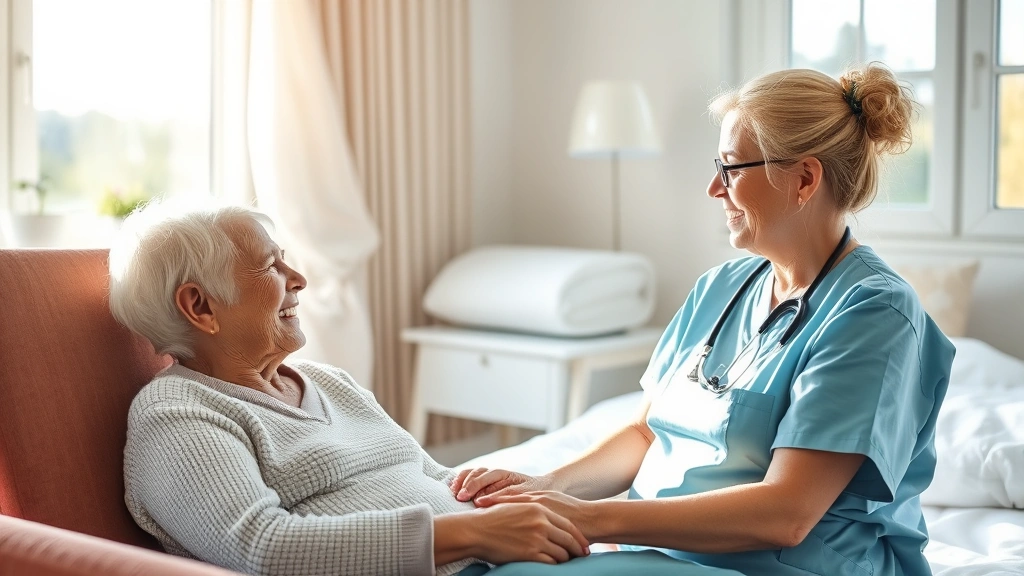 Elderly patient receiving care from a professional nurse in a bright, comfortable bedroom with natural sunlight streaming through windows, showing compassionate interaction without medical equipment visible