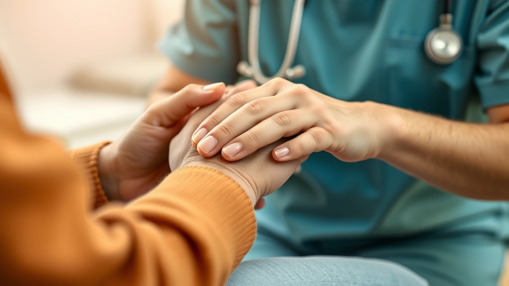 Close-up of a professional caregiver's hands gently assisting an elderly patient's hand during a medical examination, warm lighting, compassionate moment