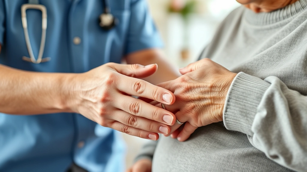 Close-up of hands of a caregiver gently assisting an older adult with daily activities in a home setting, demonstrating professional care and trust between patient and provider