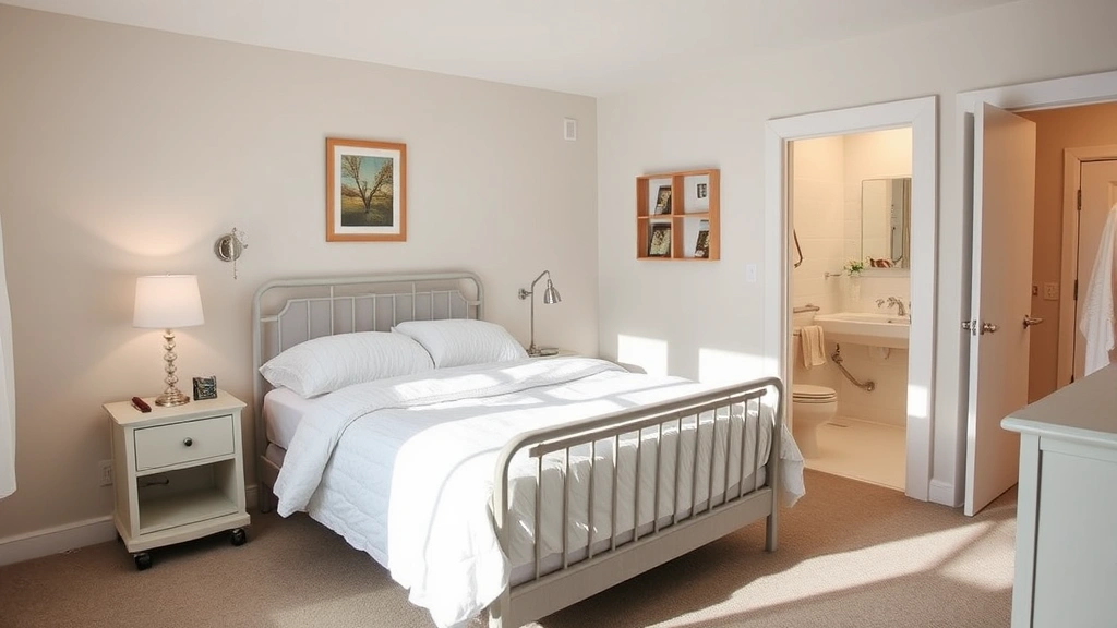 Bright, comfortable home bedroom with medical equipment seamlessly integrated, showing safety rails and accessible bathroom features, welcoming atmosphere