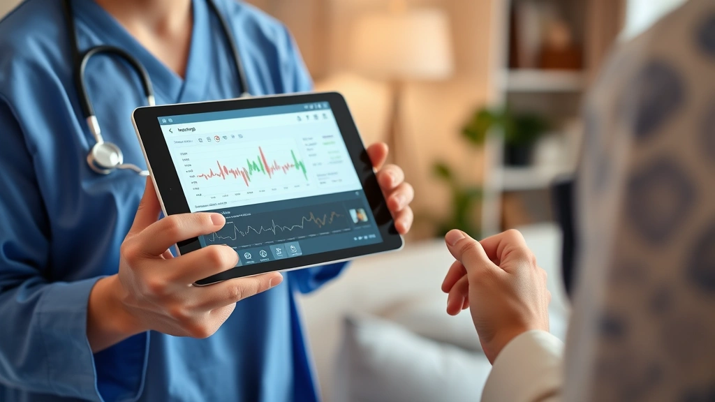 Modern tablet or device displaying health charts and vital signs monitoring, held by a healthcare professional in a home environment, representing technology-enhanced care coordination