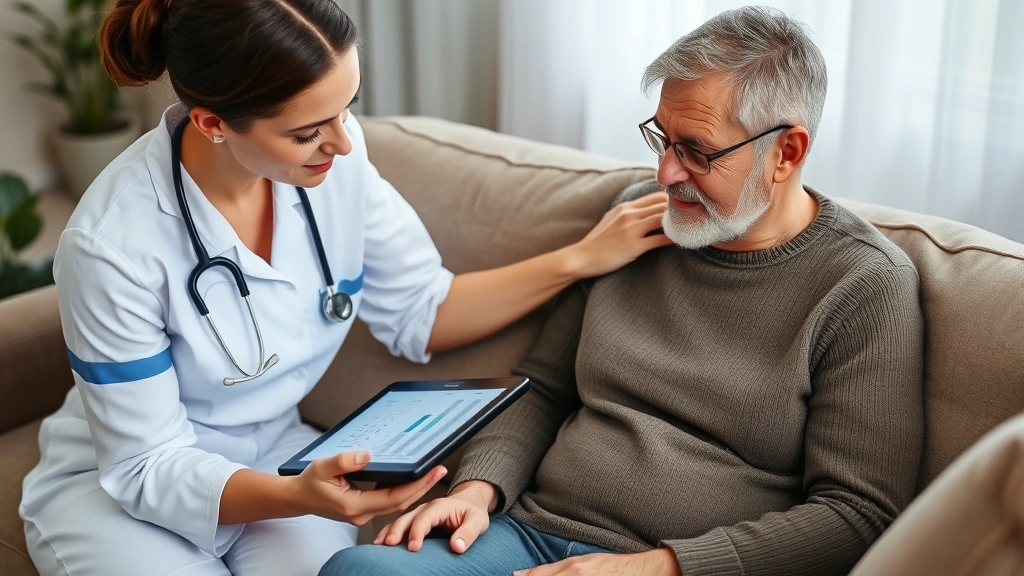 Professional nurse checking vital signs of a patient sitting comfortably on their home sofa, digital tablet showing health records, modern healthcare technology