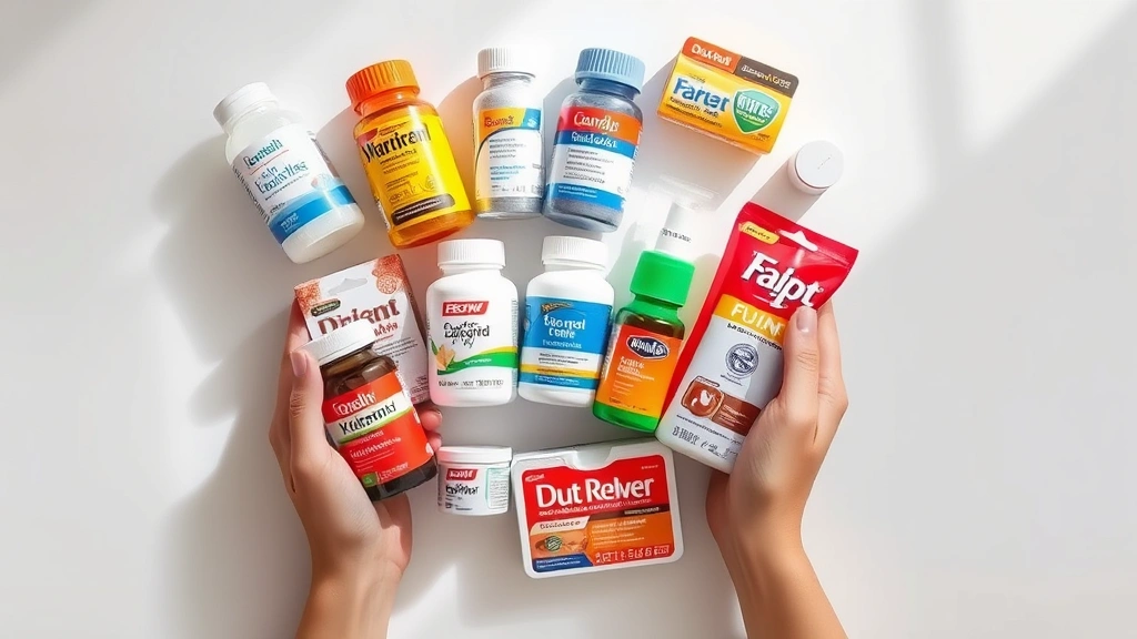 Person holding various over-the-counter health products including vitamins, pain relievers, and first aid supplies on a clean white surface, soft natural lighting