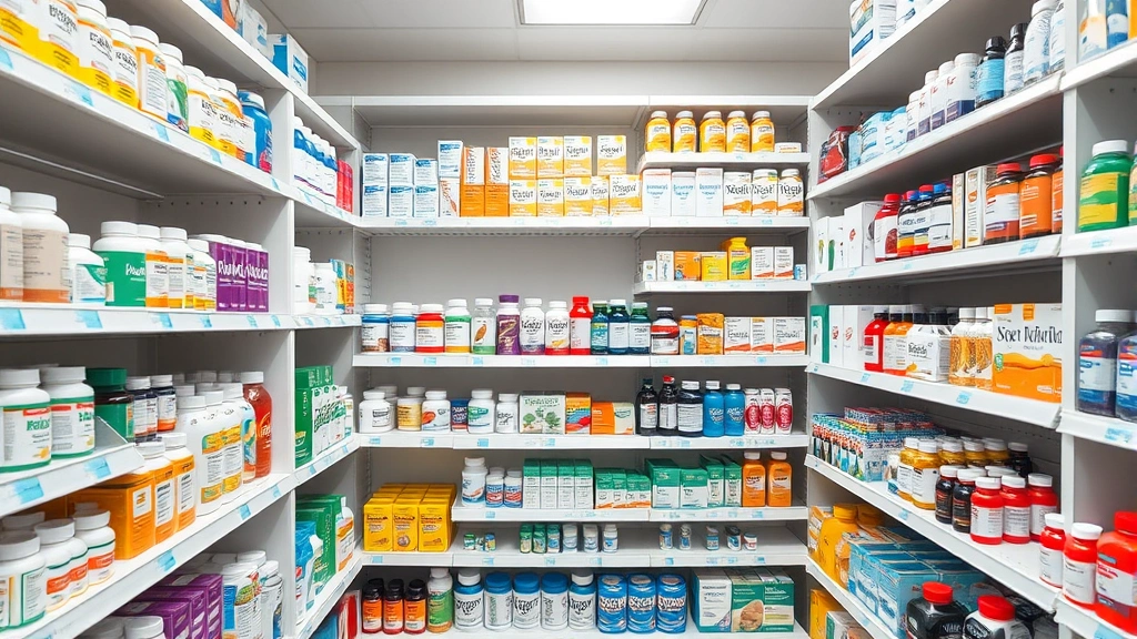Organized pharmacy shelves displaying various over-the-counter medications, vitamins, and wellness products neatly arranged in rows under bright lighting