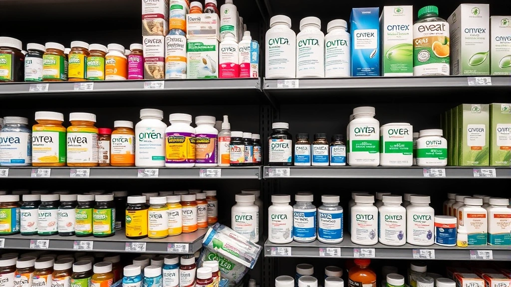 Modern pharmacy shelf displaying organized rows of over-the-counter medications, vitamins, and wellness products with clear product visibility