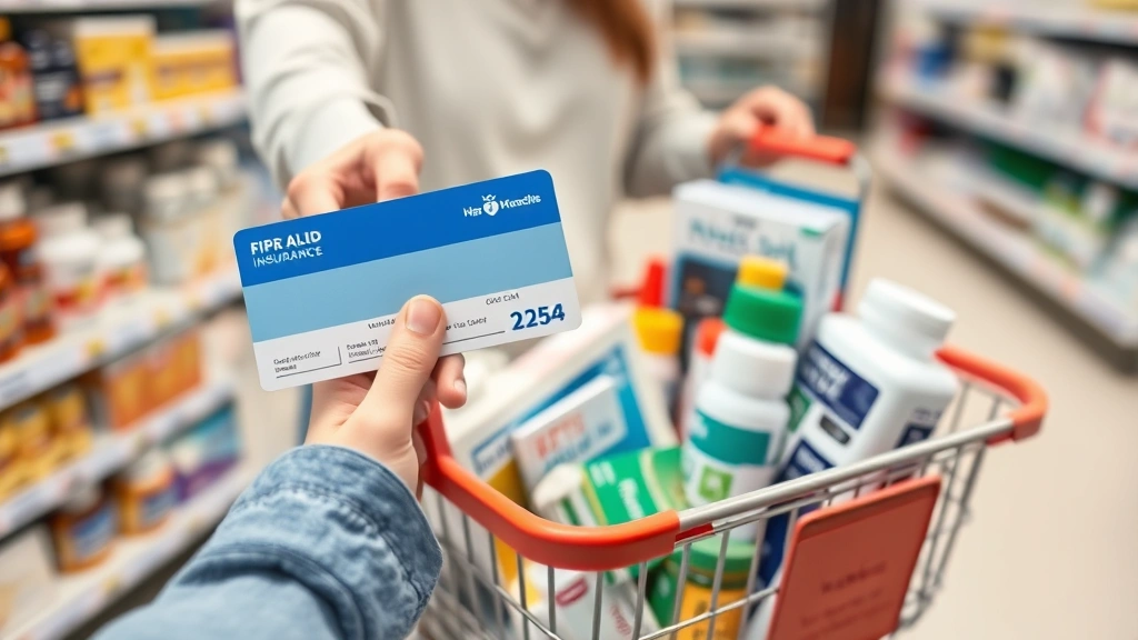 Person holding a health insurance card and shopping basket filled with over-the-counter medications, vitamins, and first aid supplies in a pharmacy setting